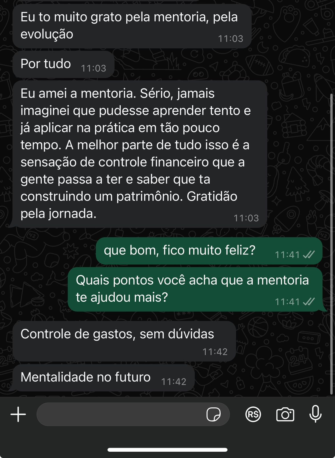 Mensagem de um médico assessorado: a melhor parte de tudo isso é a sensação de controle financeiro que a gente passa a ter e saber que está construindo um patrimônio.